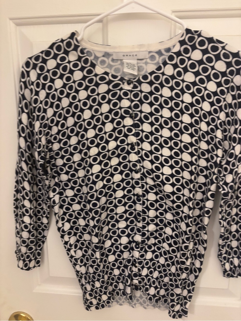 Grace Navy & White Circular Print Button-Front cardigan